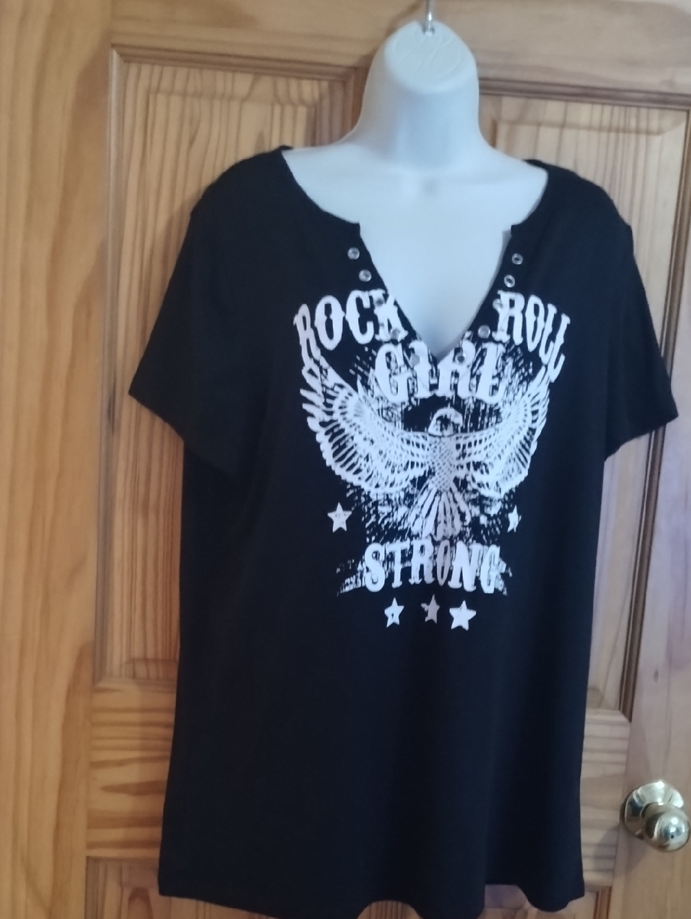 Black Graphic V-Neck Women’s Tee - Rock & Roll Strong